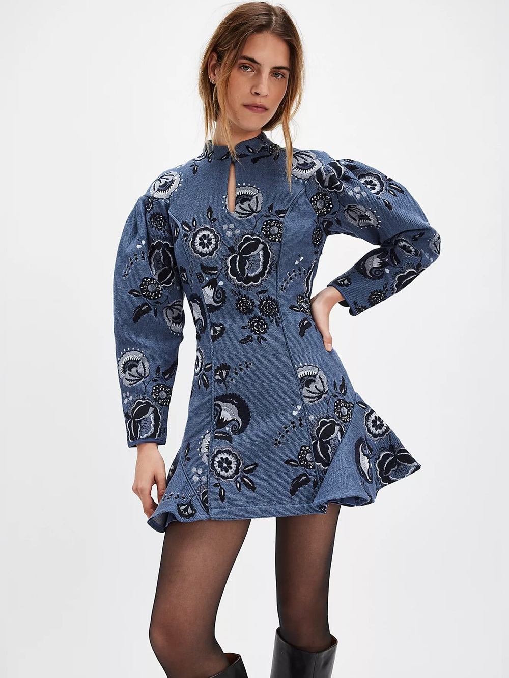 Charo Ruiz Ibiza Ara Mini Dress Small New Blue Floral Jacquard Puff-Sleeve